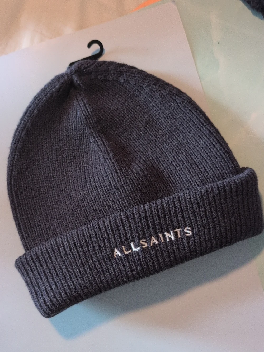 All Saints Charcoal Ribbed Knit Beanie with Embroidered Logo